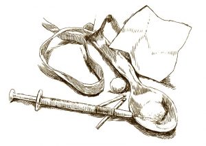 sketched drawing of heroin works: needle, spoon, tourniquet, etc. - heroin addiction